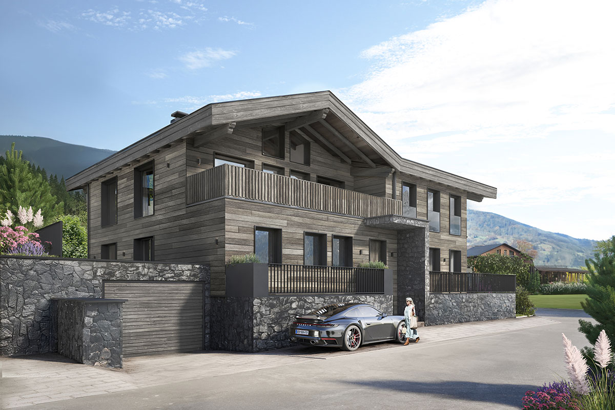 Ein luxuriöses Chalet mit Holzfassade, großen Balkonen und einem Sportwagen in der Auffahrt, umgeben von Bergen und Grünflächen.