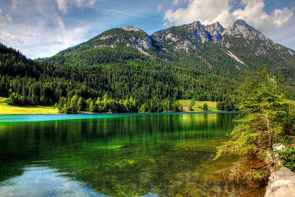 Ein kristallklarer See spiegelt grüne Wälder und majestätische Berge unter einem blauen Himmel – eine idyllische Naturkulisse mit lebendigen Farben und friedlicher Atmosphäre.