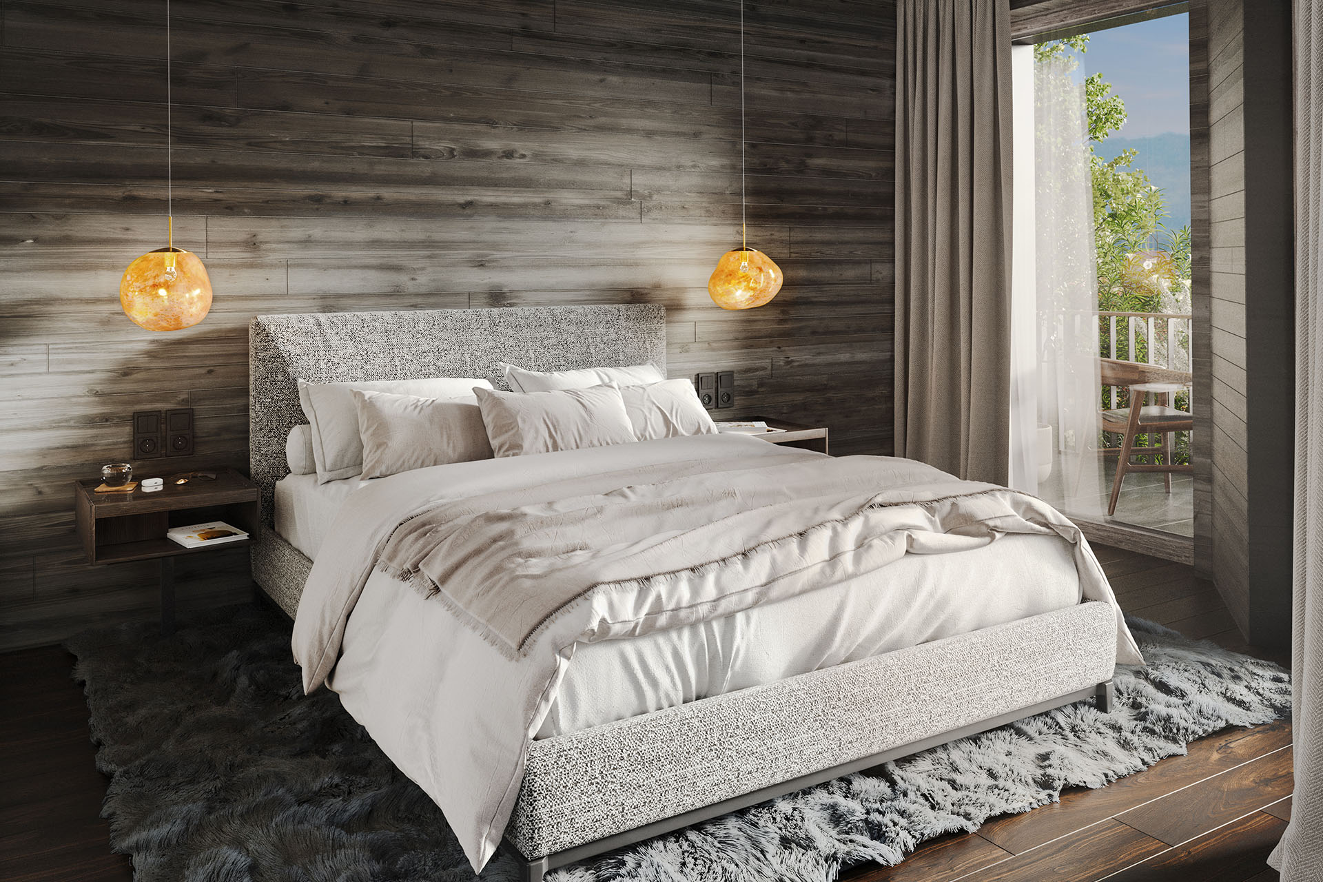 Ein elegantes Schlafzimmer mit dunklen Holzwänden, einem großen Bett mit heller Bettwäsche, Hängeleuchten und einem Balkon mit Bergblick.