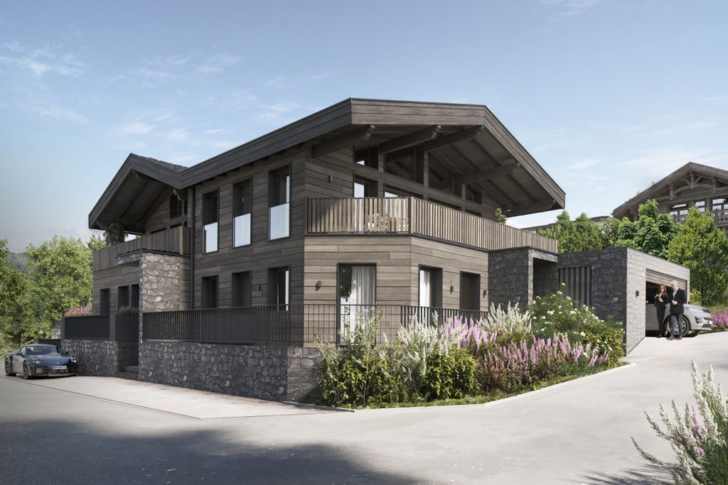Luxuriöses Chalet mit moderner Holzfassade, Balkonen und gepflegtem Garten, umgeben von Natur und mit Garagenzufahrt.